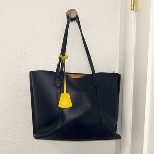 TORY BURCH The Perry Triple Compartment Pebble Leather minimalist Tote in Navy